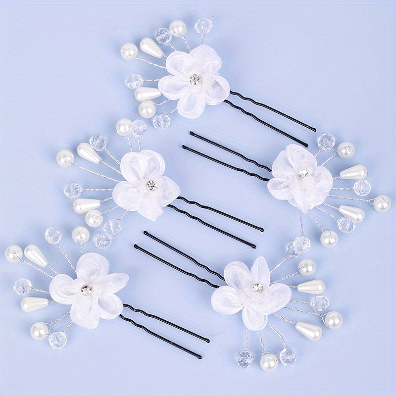 5pcs Flower Crystal Faux Pearl Hairpin Bridal U shaped Hairpin
