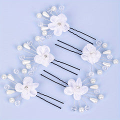 5pcs Flower Crystal Faux Pearl Hairpin Bridal U shaped Hairpin
