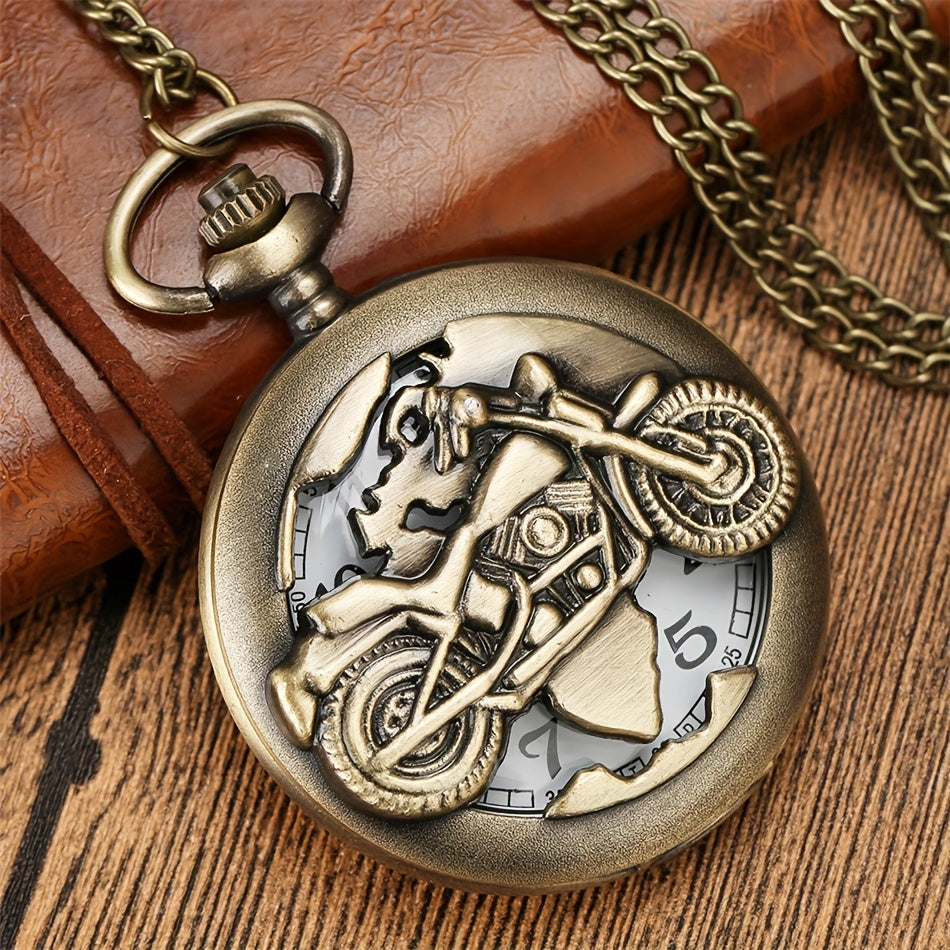 Vintage Bronze Hollow Out Motorcycle Pocket Watch
