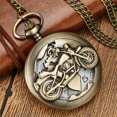 Vintage Bronze Hollow Out Motorcycle Pocket Watch
