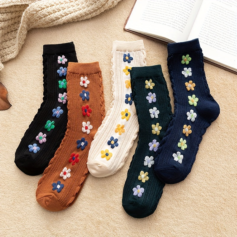 5 Pairs Floral Print Mid Tube Socks Women's Stockings