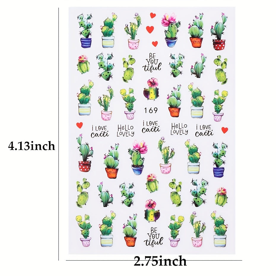 Green Succulent Plants 3D Nail Sticker Cactus Mushroom Summer Decals