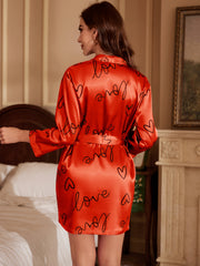 Heart Print Night Robe Long Sleeve V Neck Robe With Belt