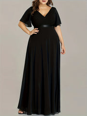 Solid Ruffle Sleeve Maxi Formal Evening Dress