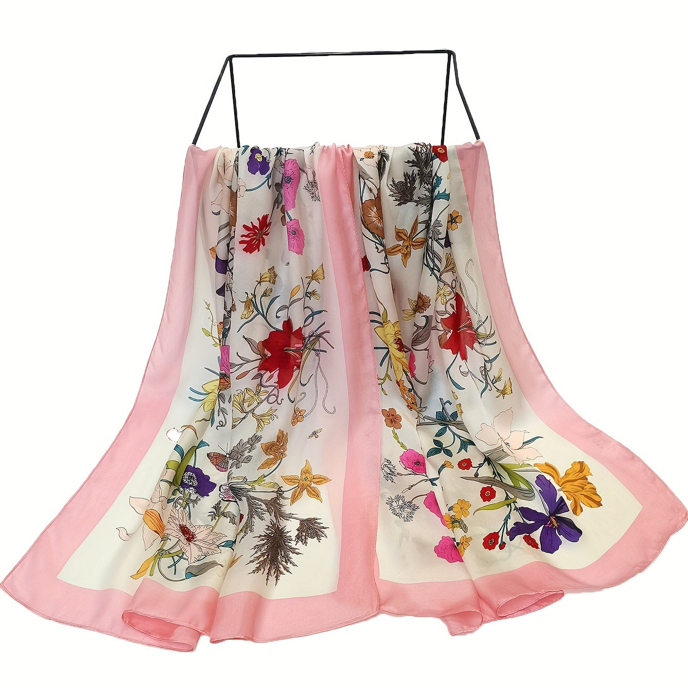 Silk Flower Print Scarf Pink Shawl Windproof Head Wrap