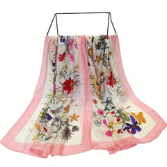 Silk Flower Print Scarf Pink Shawl Windproof Head Wrap