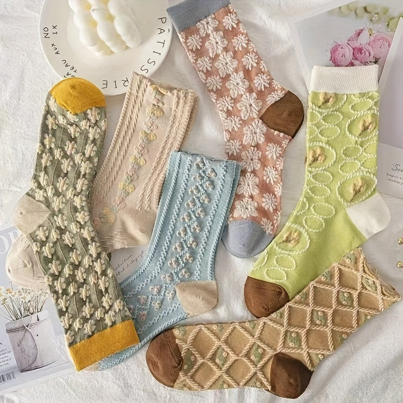 6 Pairs Textured Floral Socks Women's Mid Tube Stockings & Hosiery