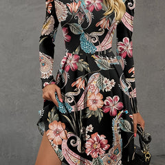 Boho Dress Women's Plus Paisley Floral Print Long Sleeve Round Neck A
