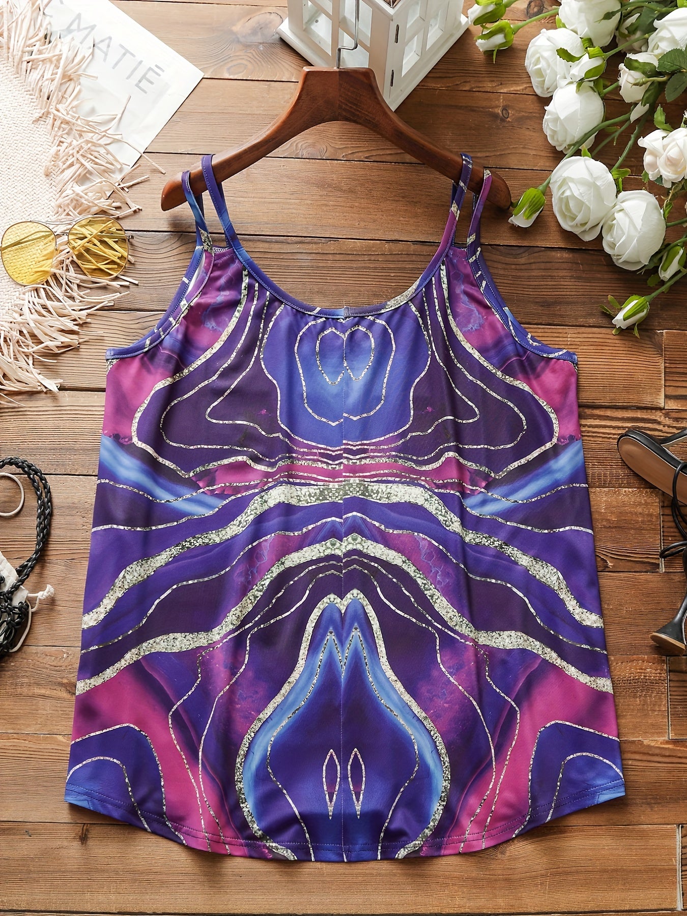 Casual Tank Top Women's Plus Marble Print Split Strap Round Neck