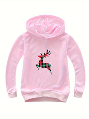 Plaid Reindeer Print Cotton Hoodie for Girls Spring Fall