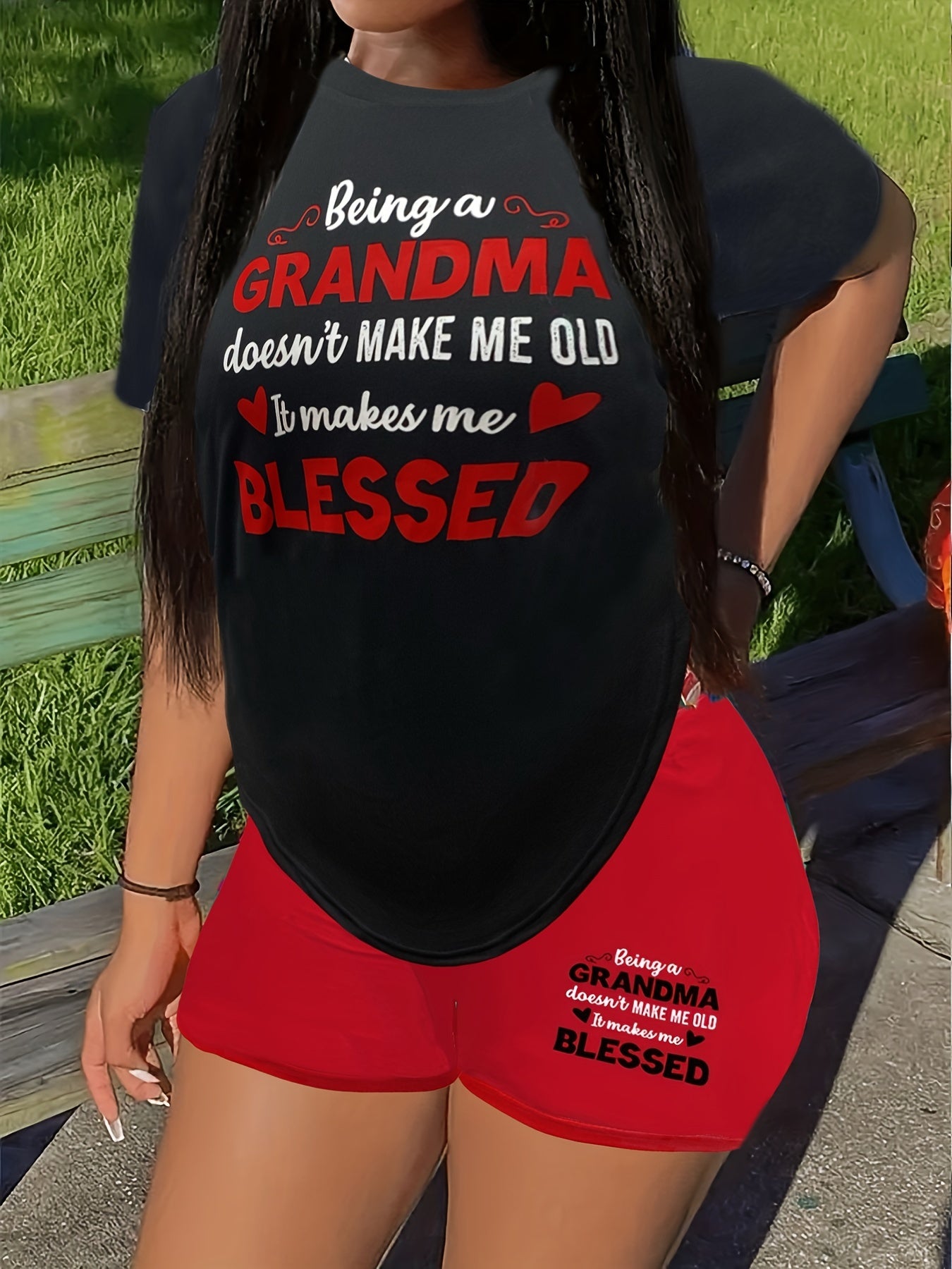 Women's Plus Letter & Heart Print Tee & Shorts Set