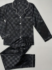 Plaid Satin Pajama Set Long Sleeve Top & Pants Women's Sleepwear