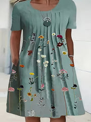 Floral Print Short Sleeve Ruched Dress