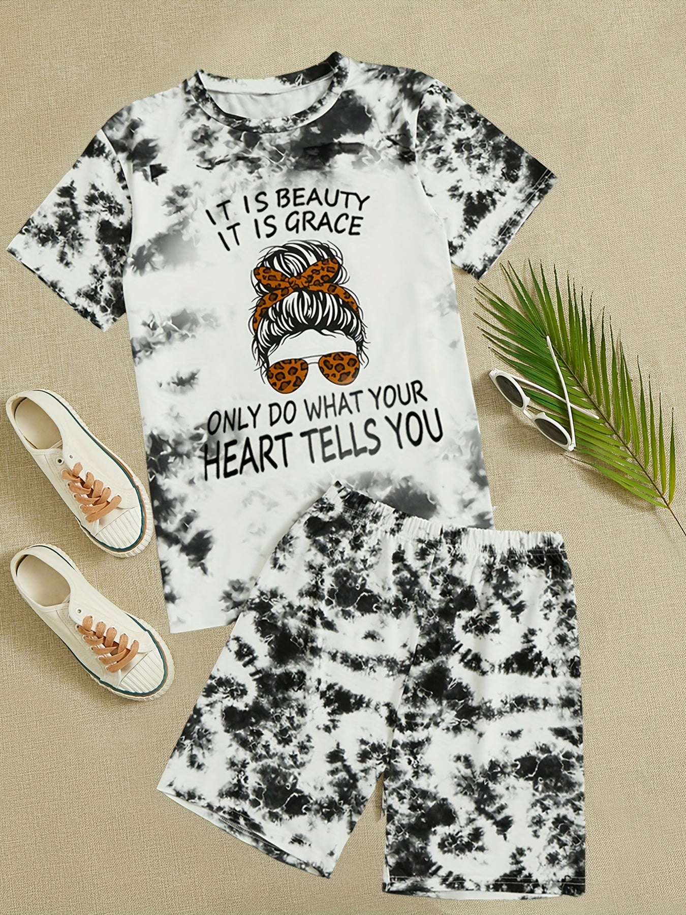 Tie Dye 2 Piece Set Figure Print Short Sleeve T shirt & Elastic Waist
