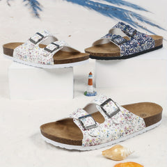 Women's Floral Print Cork Footbed Sandals Slides Double Buckle Flat Slippers
