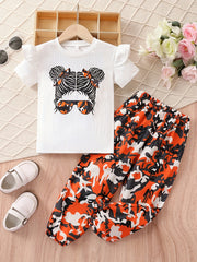 Girl's Sunglasses Print T-shirt & Pants Set for Summer