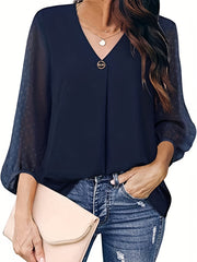 V Neck Loose Blouses Casual Mesh Stitching Dot Pom Poms 3/4 Sleeve Tops