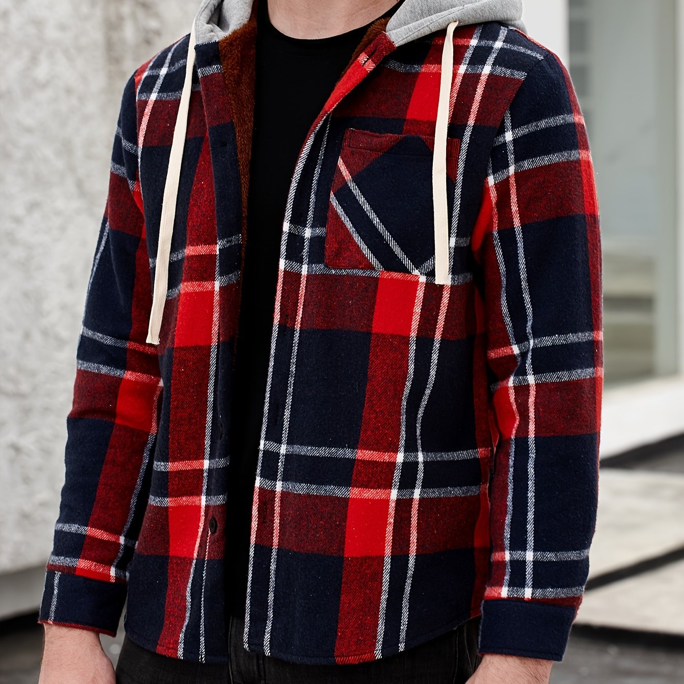 Men's Plaid Button Up Hooded Shirt Coat