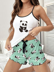 Panda Print Pajama Set Crew Neck Cami & Shorts