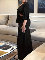 Solid Lantern Sleeve Crop Top & Maxi Skirt Outfits Two Piece Set