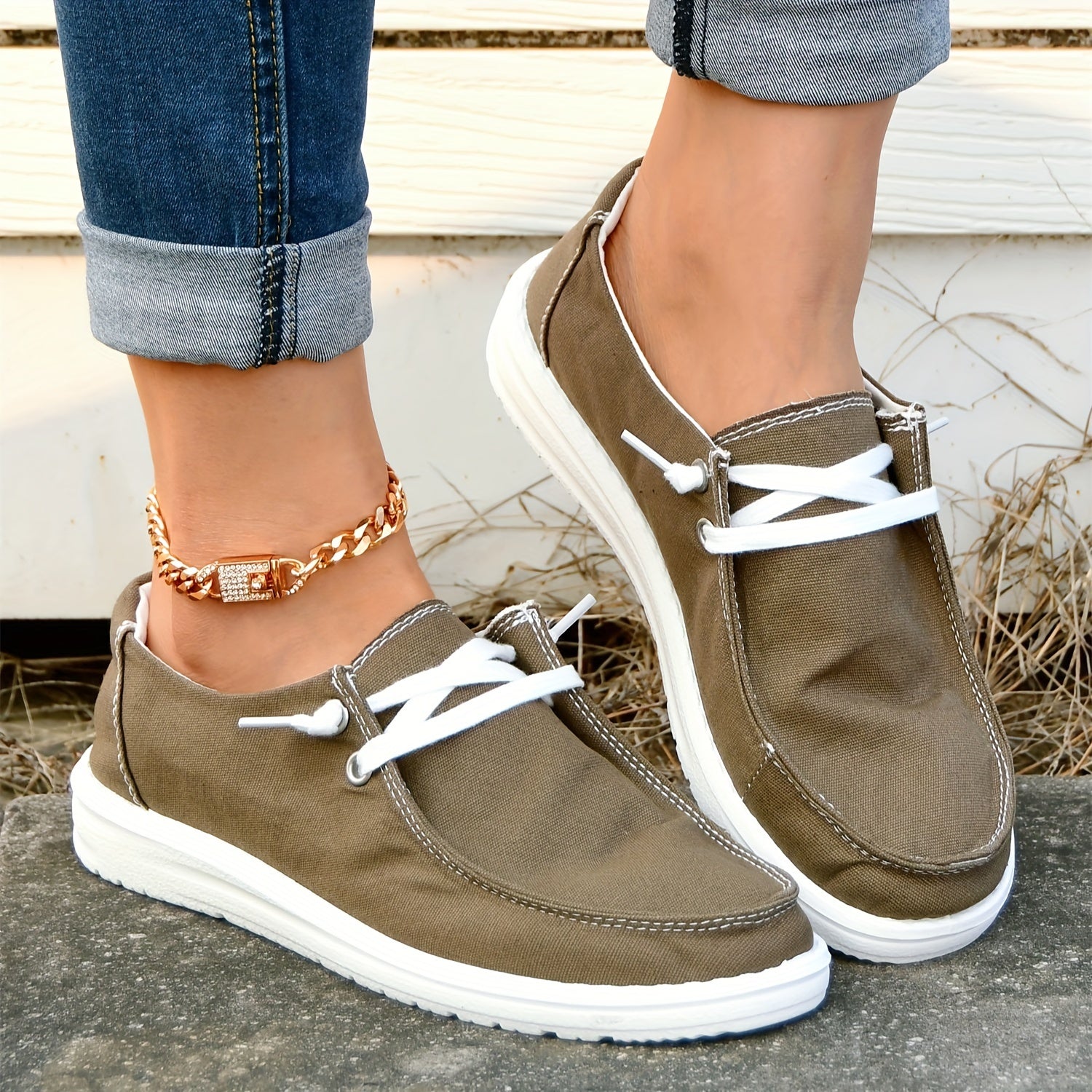 Women's Red Boat Shoes Lace up Comfortable Flat Canvas Shoes