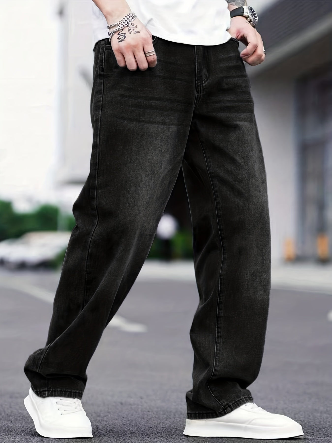 Men's Distressed Denim Pants Loose Fit Wide Leg Jeans