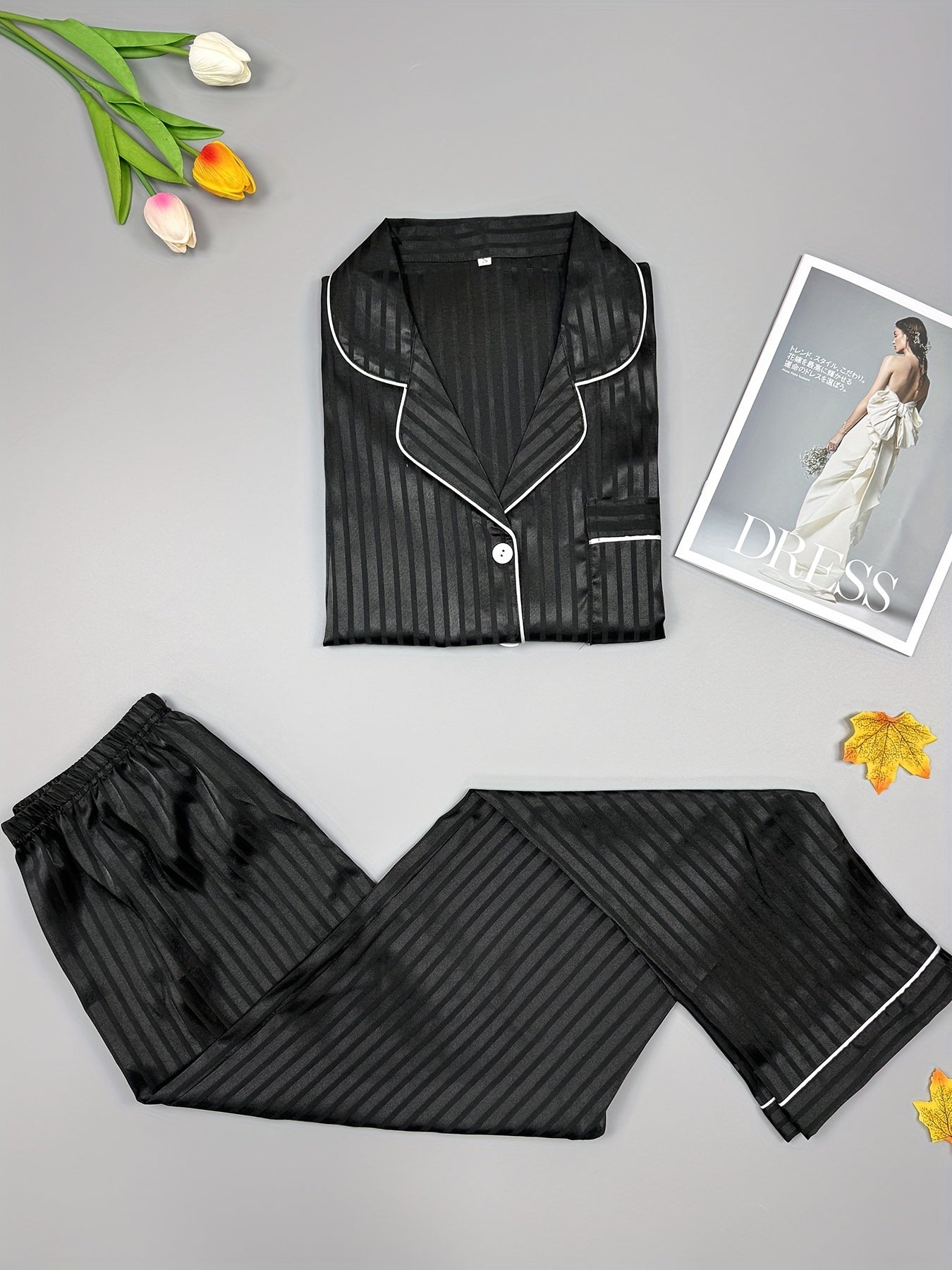 Striped Satin Pajama Set Long Sleeve Top & Pants Women's Sleepwear