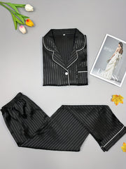 Striped Satin Pajama Set Long Sleeve Top & Pants Women's Sleepwear