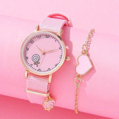 2pcs Quartz Watch Set for Girls, Cartoon Design Wrist Watch