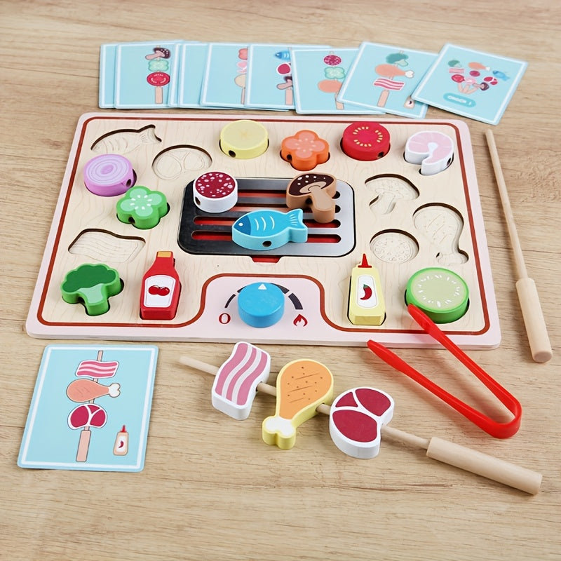 Wooden Pretend Play BBQ Set Cooking Simulation Toys Kitchen Interactive Toy