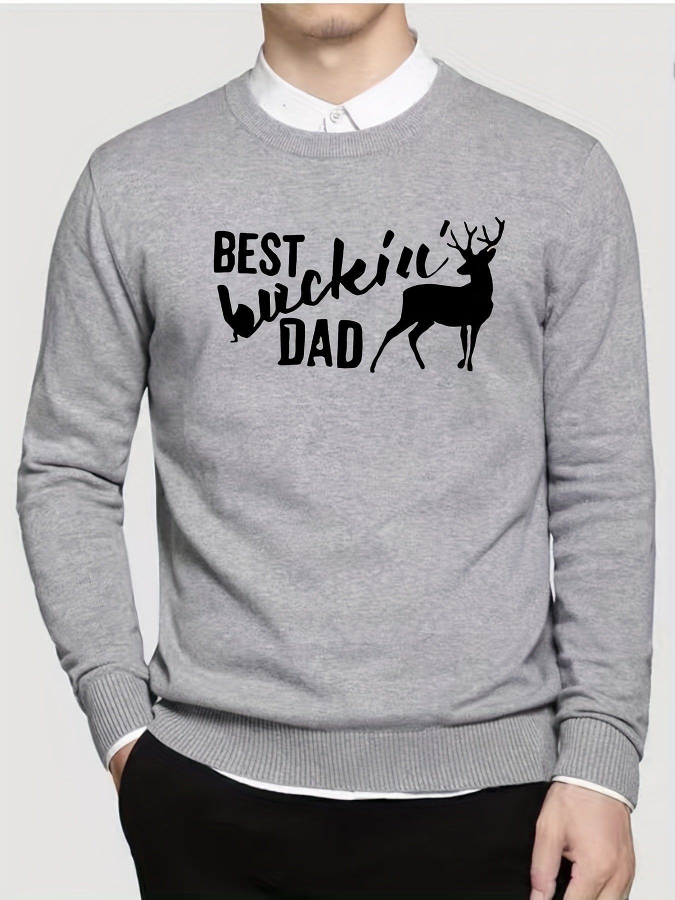 Dad & Deer Print Knitted Sweater Men's Warm Crew Neck Pullover For Fall Winter