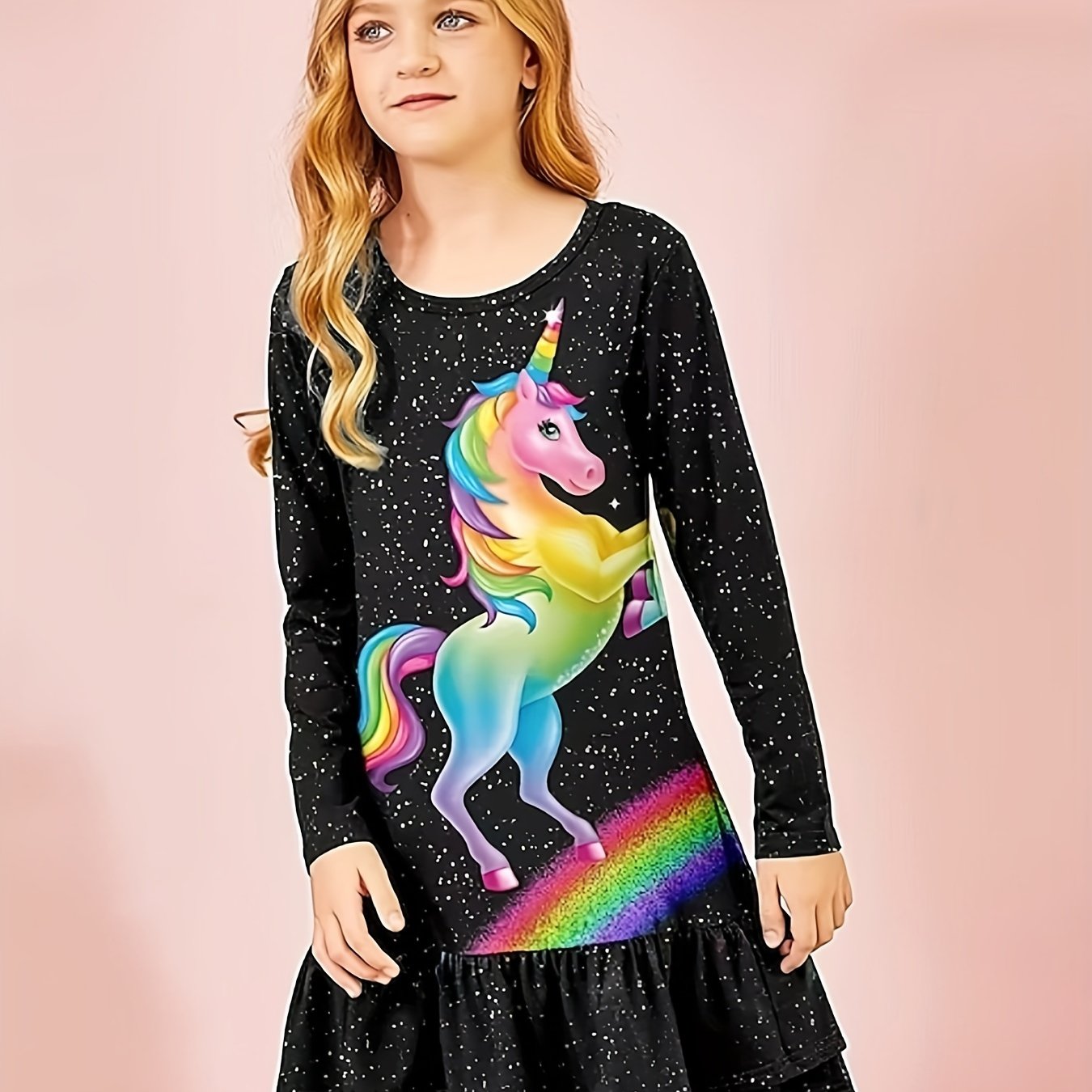 Girls Casual Rainbow Unicorn Print Crew Neck Long Sleeve Dress