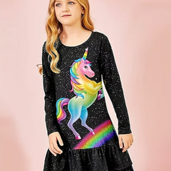 Girls Casual Rainbow Unicorn Print Crew Neck Long Sleeve Dress