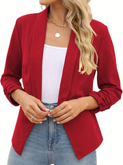 Ruched Solid Blazer Open Front Work Office Outerwear Women's Clothing