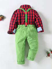 3pcs Toddler Boys Plaid Shirts & Solid Overalls Sets with Bow Tie