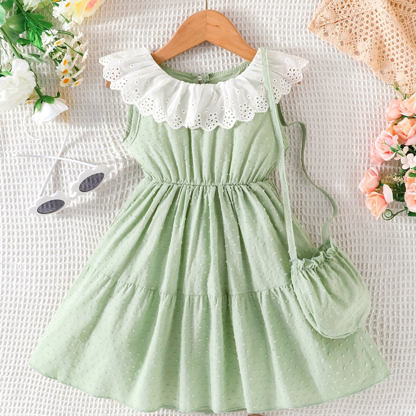 2pcs Baby Girls Eyelet Dress & Bag Set for Summer