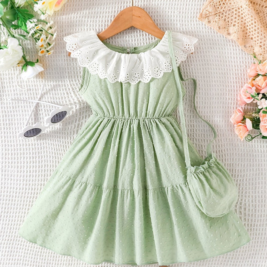 2pcs Baby Girls Eyelet Dress & Bag Set for Summer