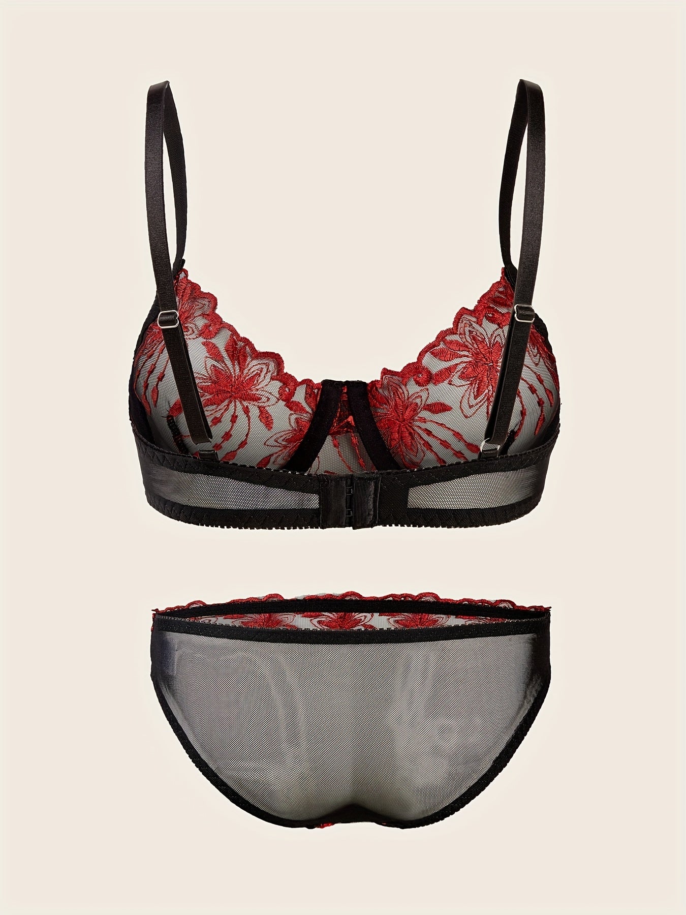 Floral Lace Lingerie Set Sheer Unlined Bra & Mesh Panties