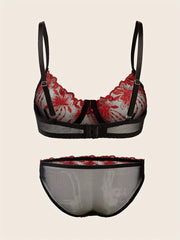 Floral Lace Lingerie Set Sheer Unlined Bra & Mesh Panties