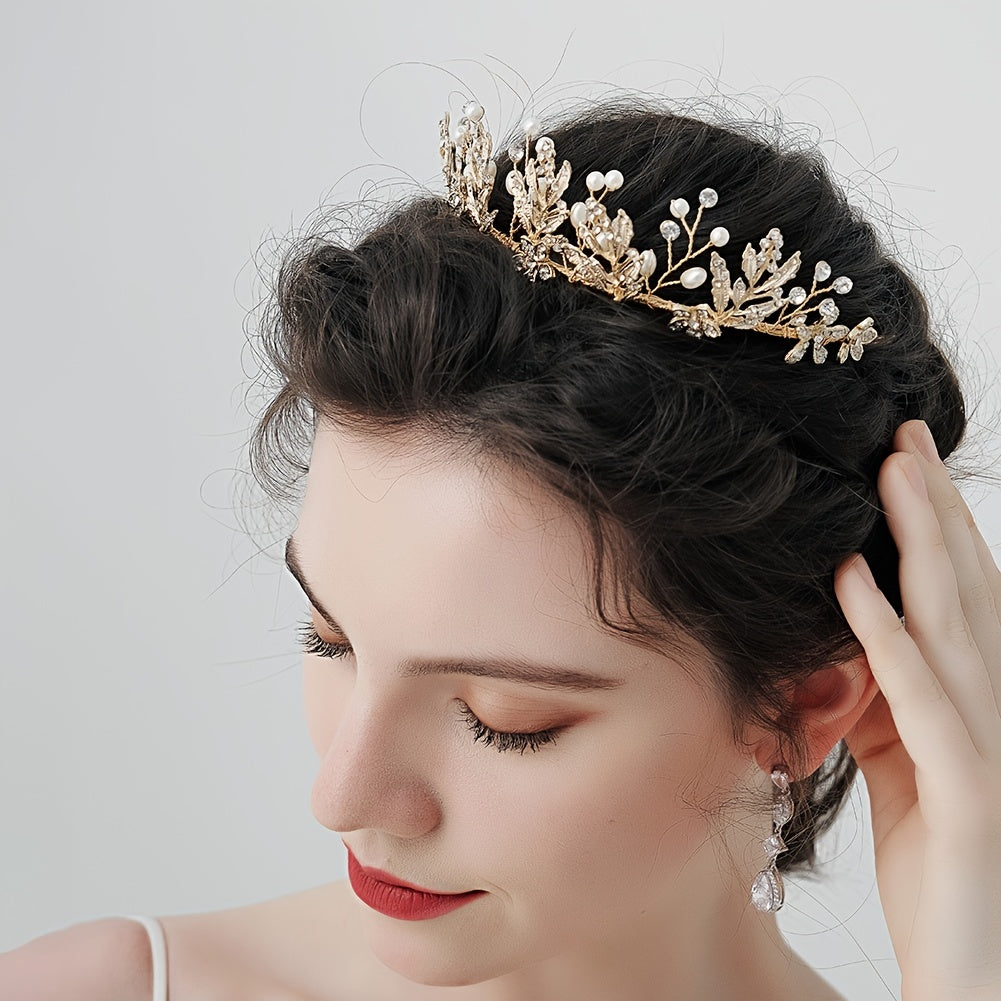 Golden Leaf Crown Hairband Headband Faux Pearl Tiara