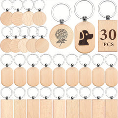 30pcs Wood Keychain Blanks Laser Engraving Unfinished Wood Keychains Bulk