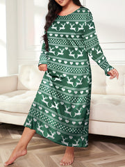 Christmas Lounge Dress Elk & Heart Stripe Print Long Sleeve Te