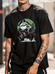 Cotton Anime Panda On Vintage Car Print Men's Graphic Crew Neck T shirt