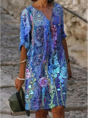 Floral Print V Neck Casual Short Sleeve Dress Spring & Summer