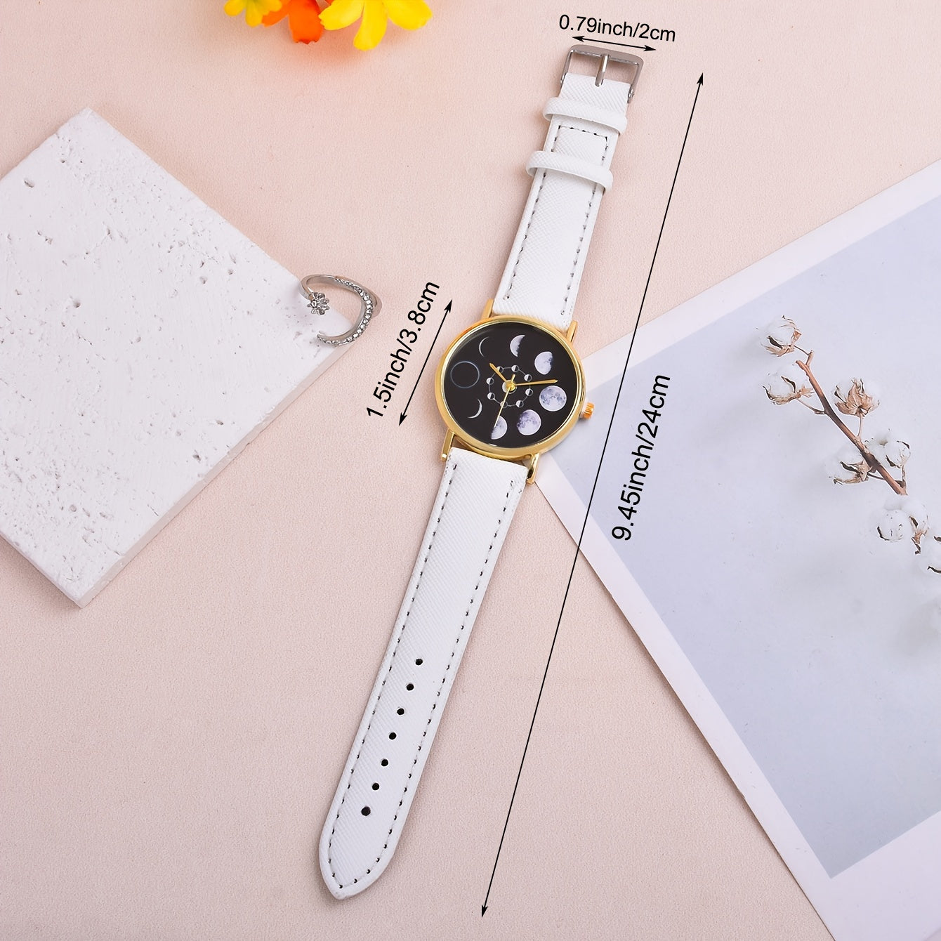 2pcs Girls Moon Watch & Ring Set Moon Shaped Accessory