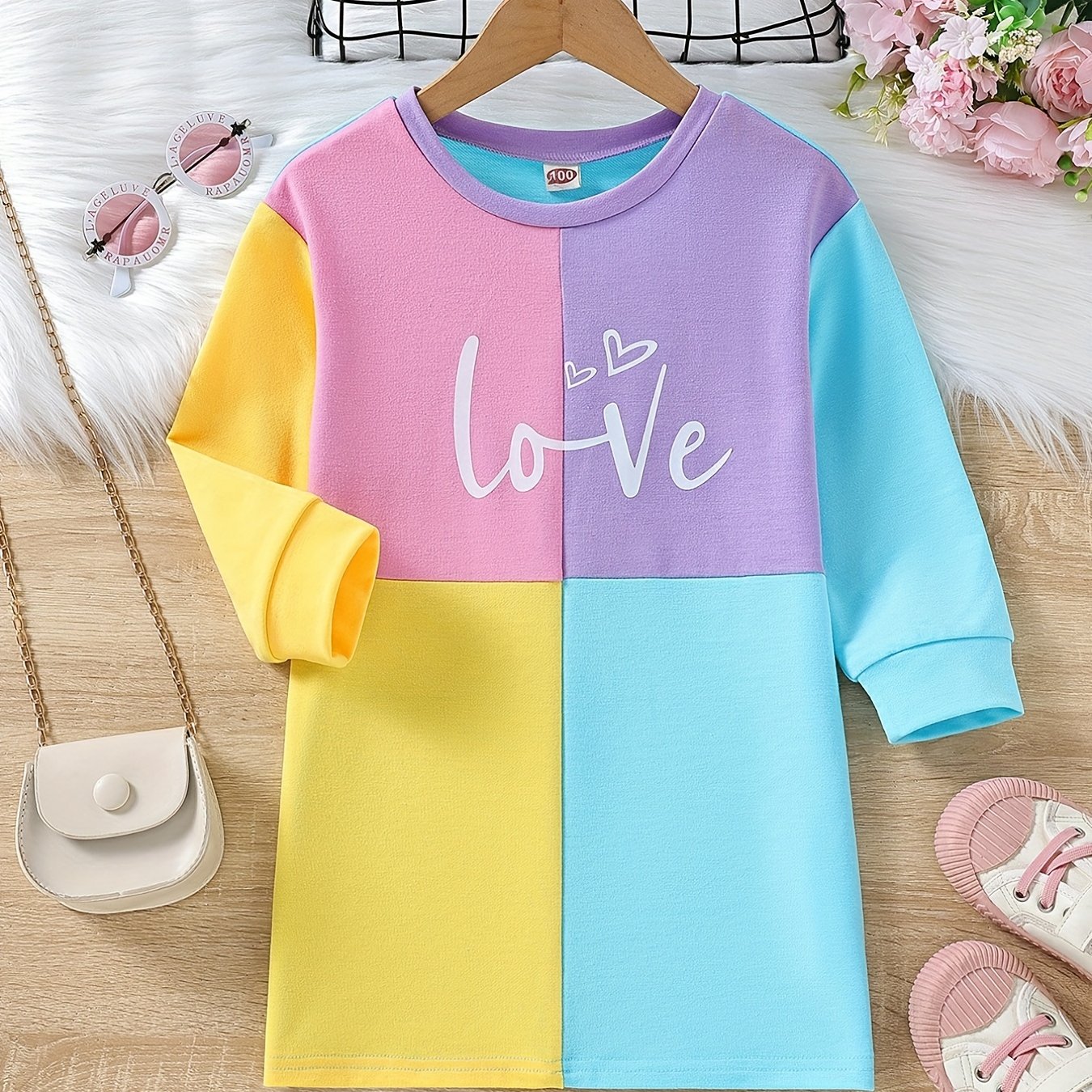 Girls Colorblock Long Sleeve Sweatshirt Dress Crew Neck Casual Outfit