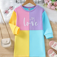 Girls Colorblock Long Sleeve Sweatshirt Dress Crew Neck Casual Outfit