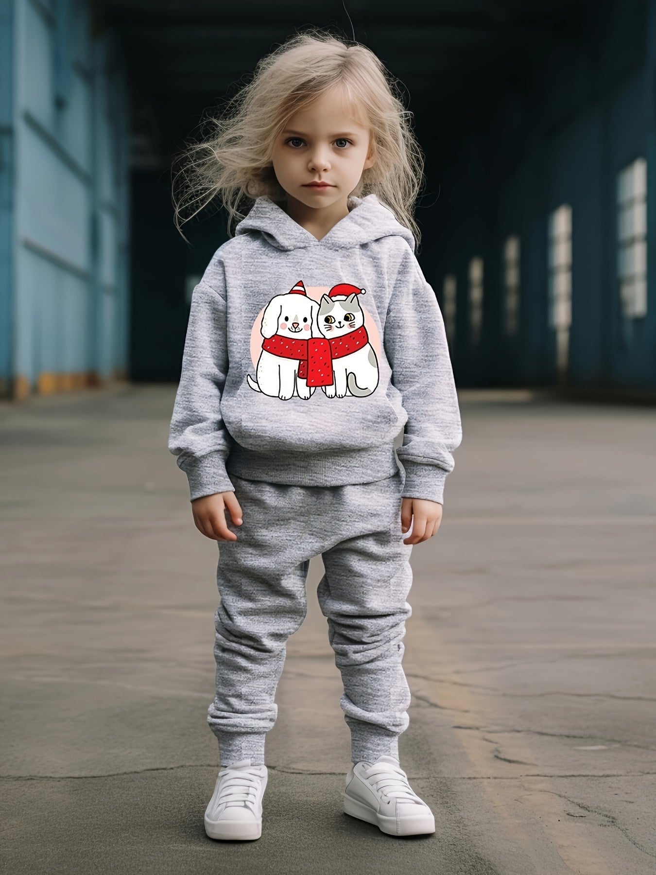 Lovely Puppy & Kitty Print Hoodies Jogger Set for Girls