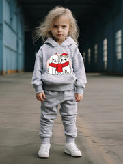 Lovely Puppy & Kitty Print Hoodies Jogger Set for Girls