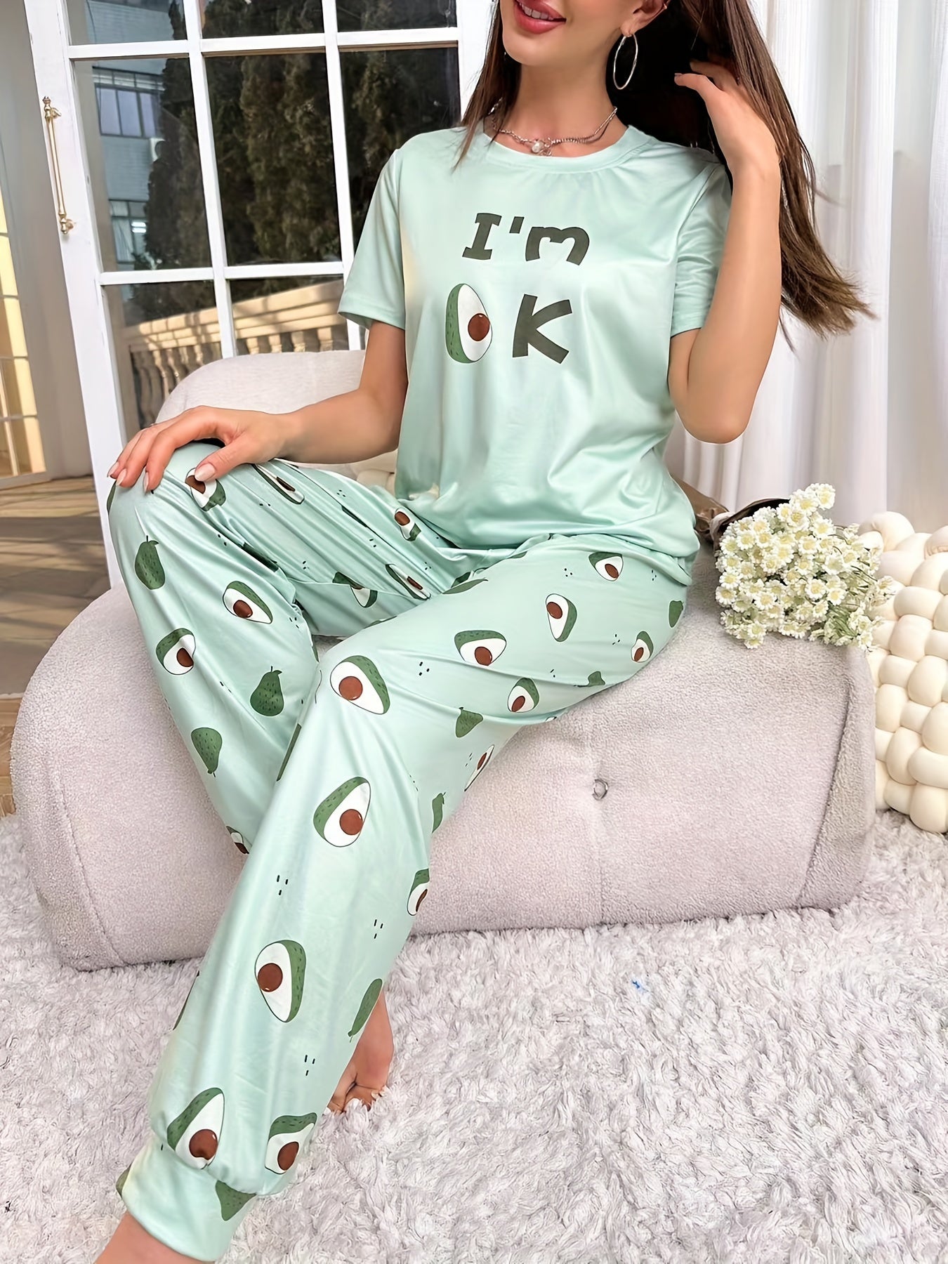 Avocado Print Pajama Set Short Sleeve Top & Pants Women's Sleepwear